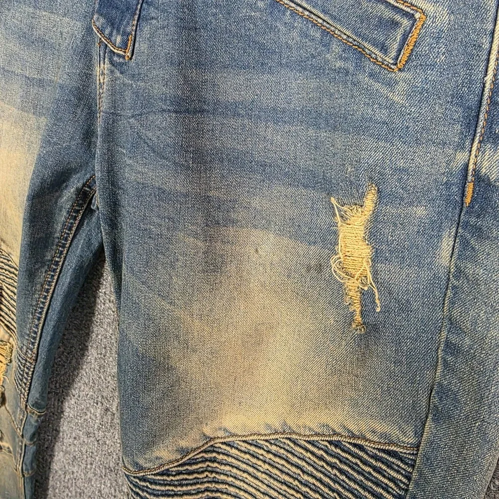 KDNK Denim Jeans Mens 34x32  Blue Moto Destroyed Distressed Ankle Zip 11 4 14 11